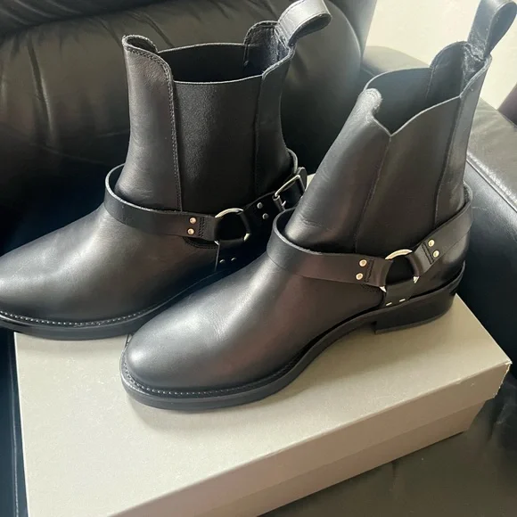 All Saints Salome Black Ankle Harness Biker Boots Punk Goth New in Box - Picture 3 of 9